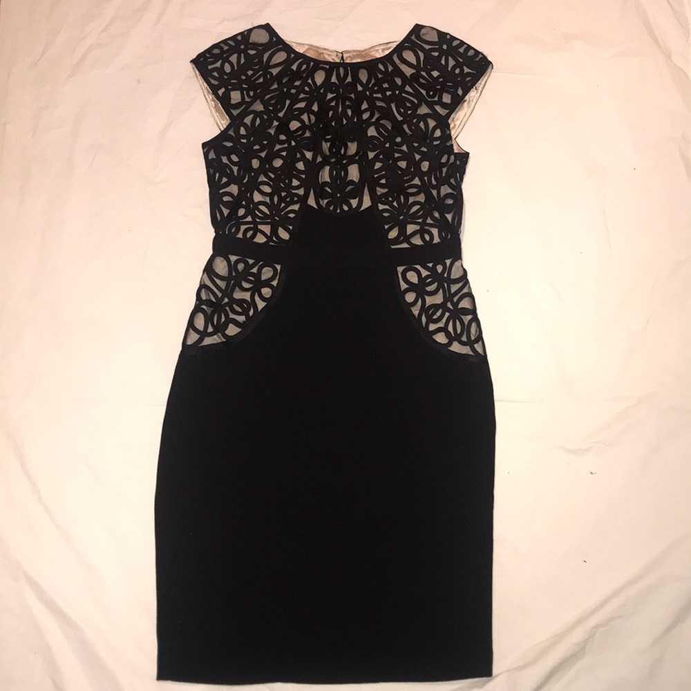 Ribbon trim Blk crepe dress, cap sleeve back zip